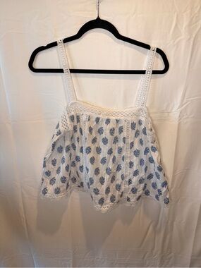Rachel Zoe White Tank Top with Blue Floral Embroidery